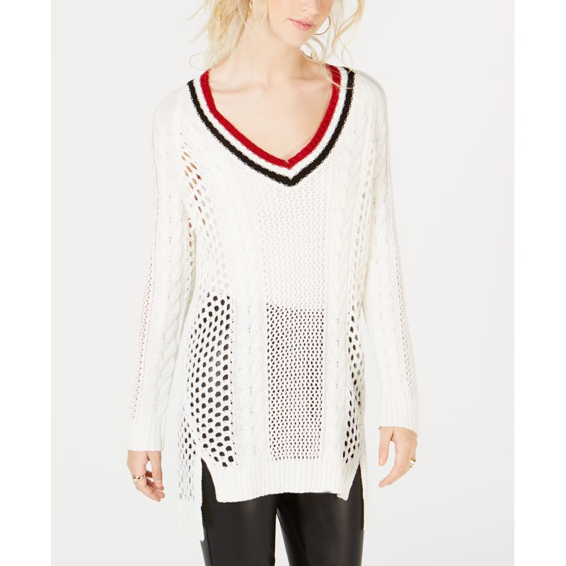 Ultra Flirt By Ikeddi Juniors Pointelle Varsity Tunic Sweater